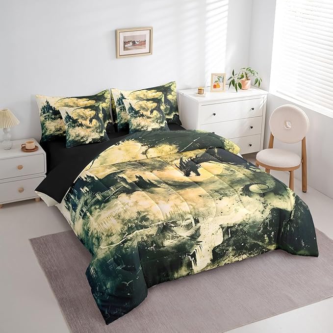 Erosebridal Gothic Dragon Bed in a Bag Queen Comforter Set 7 Piece,Vintage Black Fantasy Castle Bedding Sets Prehistoric Antique Animal Sheet Set with Comforter