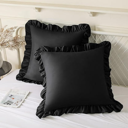 KKJIAF Ruffle Pillow Cases 26x26 Inches, Black Square Ruffled Pillow Covers Set of 2, Microfiber Wrinkle Resistant Pillow Shams with Envelope Closure for Sofa Bed Living Room