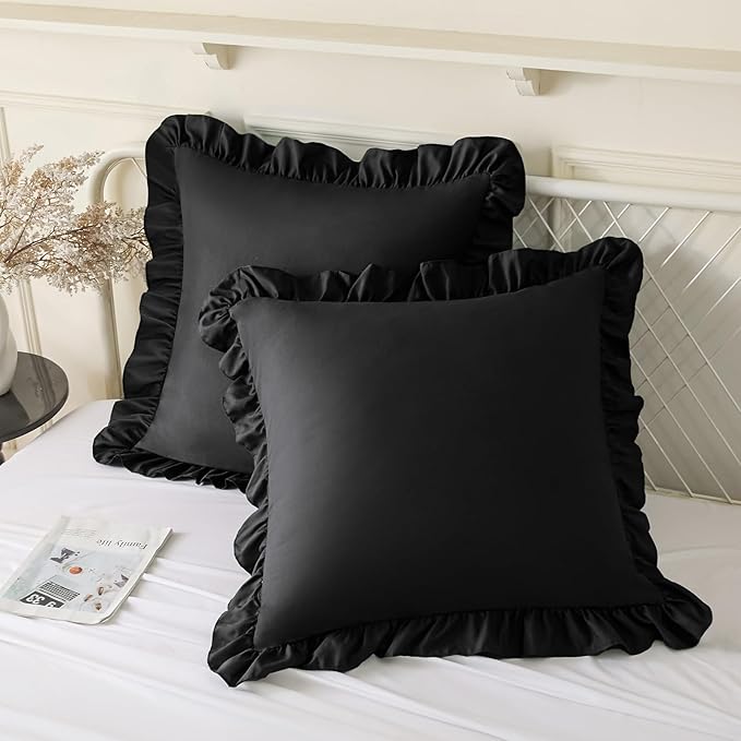 KKJIAF Ruffle Pillow Cases 18x18 Inches, Black Square Ruffled Pillow Covers Set of 2, Microfiber Wrinkle Resistant Pillow Shams with Envelope Closure for Sofa Bed Living Room