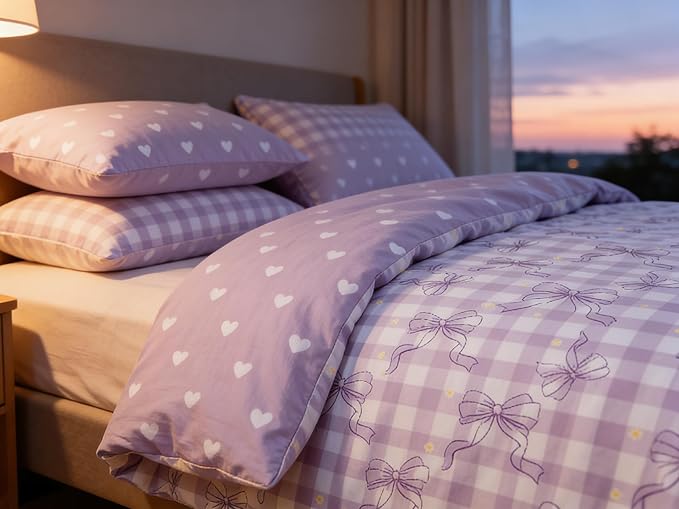 Light Purple Bowknot Comforter Set Twin Size for Girls, Gingham Bedding with Heart Pattern, 2 Pcs Checkered Plaid Quilted Comforter Set with 1 Pillowcase, 68"x86"