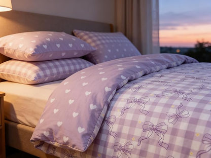 Light Purple Bowknot Comforter Set Twin Size for Girls, Gingham Bedding with Heart Pattern, 2 Pcs Checkered Plaid Quilted Comforter Set with 1 Pillowcase, 68"x86"