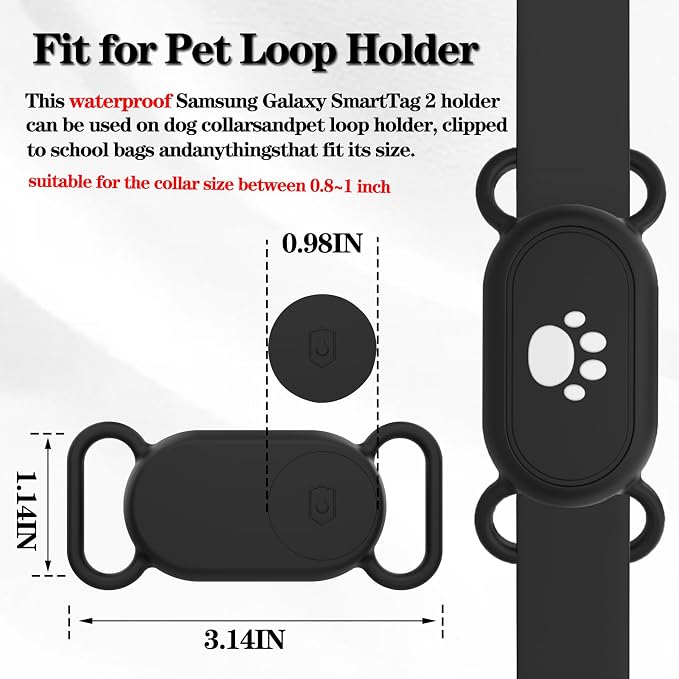 2 Pack Waterproof Dog Collar Holder Compatible with Samsung Galaxy SmartTag2, Silicone GPS Tracker Hidden Loop Holder for Smart Tag2, Anti-Lost Collar Tag2 Paw Case (Black Black)