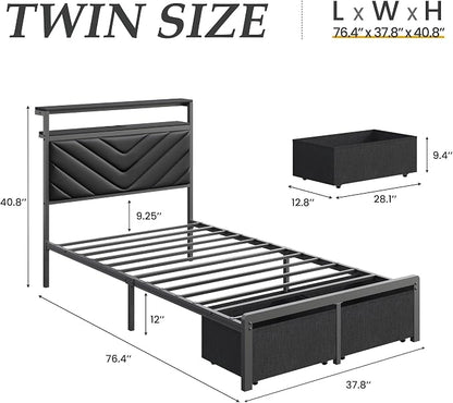 Fluest Twin Bed Frame with Storage Drawers, Upholstered Headboard with Charging Station, LED Lights, Fabric Drawers with Wheels, Under Bed Storage, No Box Spring Needed, Easy Assembly, Black