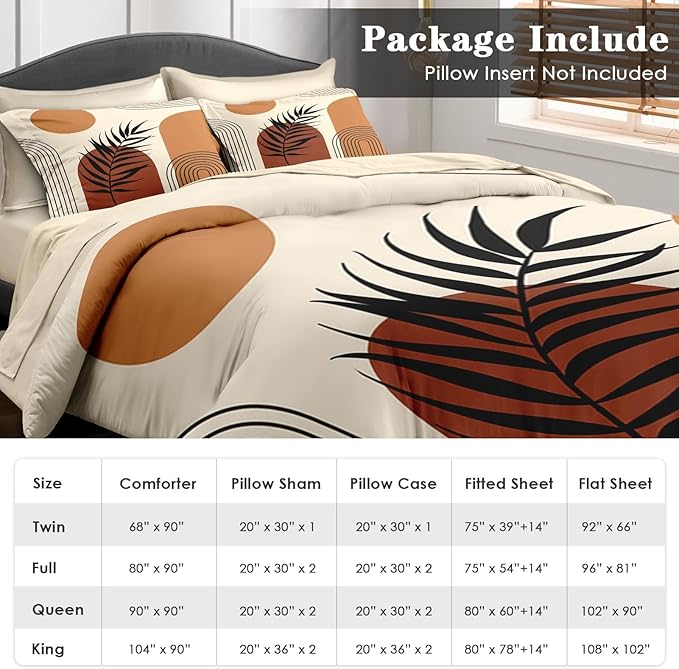 Comforter Set Full Size, Boho Mid Century 7 Pcs Bedding for Kids and Adults, Sun Orange Leaves Bed Sheet Sets with Fitted Sheet 2 Pillowcase & 2 Sham for Bedroom Bed Decor