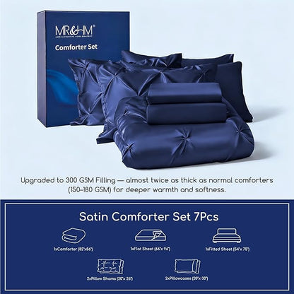 MR&HM Satin Comforter Full 7 Pieces - Luxurious Pinch Pleat Bedding Set with Comforter, Flat Sheet, Fitted Sheet, Pillowcases & Shams, Super Silky Soft Bed Set for All Season (Full, Navy Blue)