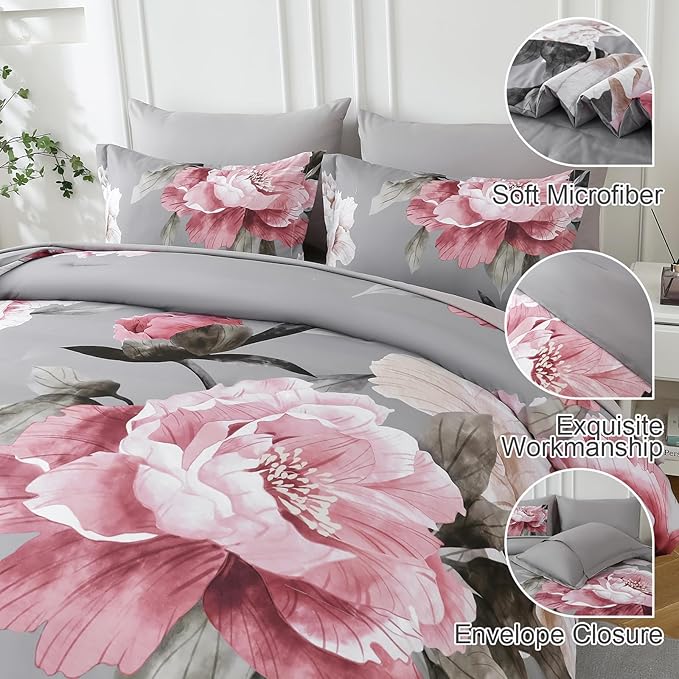 Dobuyly Pink and Grey Comforter Set Queen Size 7 Piece Bed in a Bag, Floral Printed on Gray Comforter Set with Sheets, Soft Microfiber Botanical Complete Bedding Set for All Season