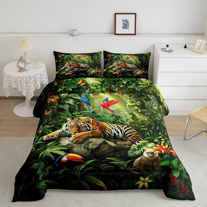 3D Tiger Comforter Set Twin Size,Monkey Parrot Wild Animals Bedding Set,Tropical Palm Tree Jungle Quilt Set for Kids Boys Girls Adult Bedroom Decor,Nature Wildlife Theme Duvet Insert,1 Pillowcase