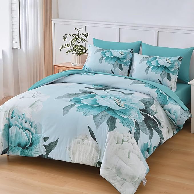 Dobuyly Floral Comforter Set King Size 7 Piece Bed in a Bag, Aqua Flowers on Light Blue Comforter Set with Sheets, Soft Microfiber Botanical Complete Bedding Set for All Season