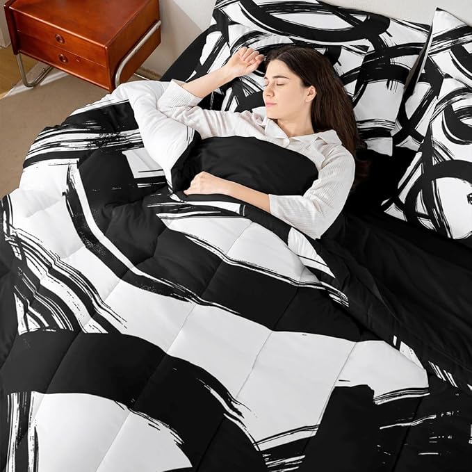Erosebridal Black White Abstract 7 Piece Comforter Set Full Bed in A Bag Modern Graffiti Minimalist Line Bedding Set Simple Sketch Cool Unique Geometric Sheet Set Ink Painting Aesthetic Quilt