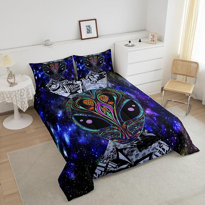 Feelyou Trippy Alien Comforter Set King Size Kids Boys Galaxy Hippie Graffiti Set Psychedelic Alien Outer Space Comforter Purple Room Decor Bohemian Alien Quilted Bed Sets Adults Men Multicolor