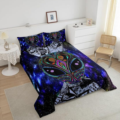 Feelyou Trippy Alien Comforter Set King Size Kids Boys Galaxy Hippie Graffiti Set Psychedelic Alien Outer Space Comforter Purple Room Decor Bohemian Alien Quilted Bed Sets Adults Men Multicolor