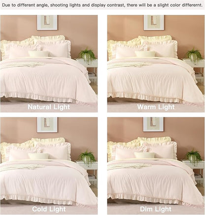 Litanika Light Pink Twin Size Comforter Sets, 2 Pieces Ruffle Farmhouse Aesthetic Bedding Comforter Sets, All Season Soft Lightweight Fluffy Microfiber Bed Set(66x90In Comforter, 1 Pillowcase)