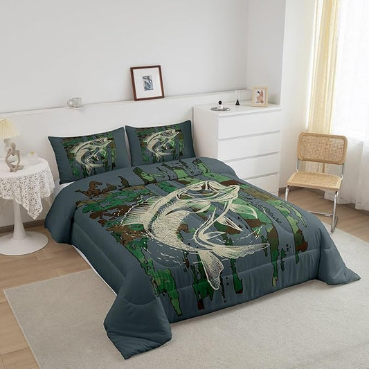 Feelyou Kids Green Camouflage Bedding Set Camo American Flag Comforter Set for Boys Girls Farmhouse Fishing Decor Comforter Wild Quilted Set Bedroom 2Pcs Toddler Size
