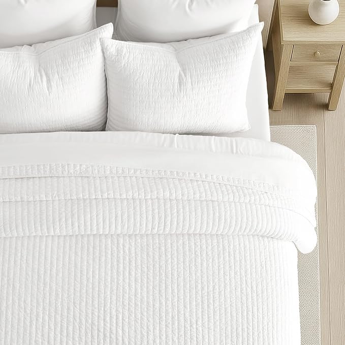 EVERGRACEHOME Cross Stitch Pre-Washed Cotton Quilt Bedding Set King Size, Oversized 3 Pieces Lightweight Bedspread Coverlet for All Season, with 2 Matching Shams, Bright White,108"x96"