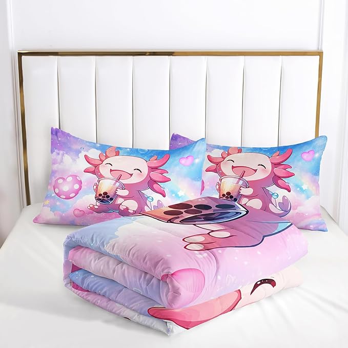 Cute Salamander Comforter Set Queen Kwaii Axolotl Bedding Sets 3PCS for Kids Teen Adult Girl Room Decor Ultra-Soft Lightweight Microfiber 1 Comforter with 2 Pillowcases