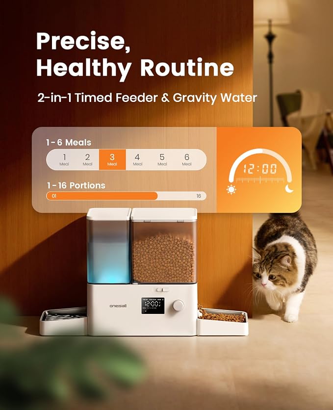 oneisall Automatic Cat Feeder and Water Dispenser, 36Cups/8.5L | 2-in-1 Auto Cat Feeder&Gravity Water Dispenser, Large Capacity, Timed Cat Feeder for Dry Food, for Indoor Cats, Kittens, Pets