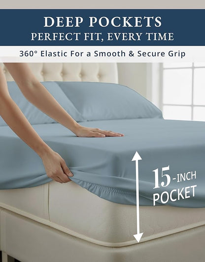 LANE LINEN Luxury Hotel Style 100% Egyptian Cotton Twin Sheets, Mercerized Cotton, Sily Finish, No Pill Fade Resistant Sustainably Produced Twin Bedding Sheets & Pillowcases - French Blue
