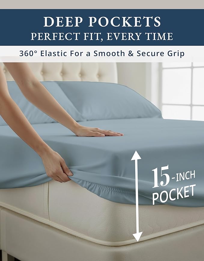 LANE LINEN Luxury Hotel Style 100% Egyptian Cotton Bed Sheets Full Size, Mercerized Cotton, No Pill Fade Resistant Sustainably Produced Full Bedding Sheets & Pillowcases- French Blue
