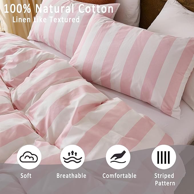 Merryword Pink and White Striped Duvet Cover Set King Size, 100% Cotton Bedding Set with Zipper Closure & 8 Corner Ties, Luxury Linen Like Bedding, Soft Breathable Comforter Cover for All Seasons