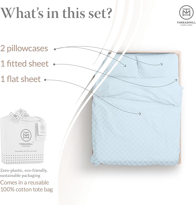 Threadmill Cotton Full Size Sheet Set | 100% Cotton Sheets for Full Size Bed | Damask Jacquard Full Bed Sheets Set with 16” Deep Pocket | Soft Sateen Weave 4-Piece Cooling Bedding Set | Blue