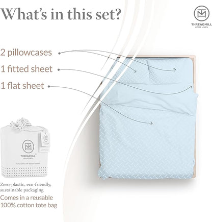 Threadmill Cotton Full Size Sheet Set | 100% Cotton Sheets for Full Size Bed | Damask Jacquard Full Bed Sheets Set with 16” Deep Pocket | Soft Sateen Weave 4-Piece Cooling Bedding Set | Blue