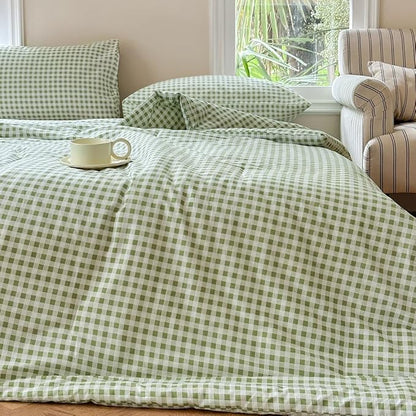 NSNLGSGC Sage Green Gingham Cotton Comforter Set King, 100% Washed Cotton Green Plaid Checked Comforter Bedding, 3 Pieces Vintage Farmhouse Grid Bedding Set(Sage Green Gingham, King)