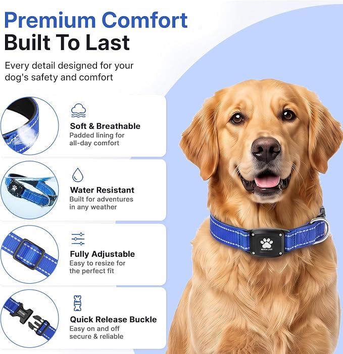 GPS Dog Collar Tracker 2-in-1,Reflective Waterproof Pet Collar,iOS-Only,No Monthly Fees,Unlimited Range,Dog Tracking Collar Pet Tracker,for Small Medium Large Dogs(M (14.5"-19.5"), Blue)