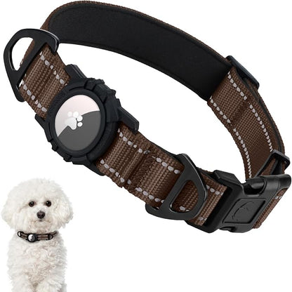 Taglory AirTag Dog Collar with Waterproof Holder for Small Dogs, Brown, S | Reflective for Night Walks & Low-Light Safety, Track Your Pup Peace of Mind, Adjustable Soft Padded, No More Dangling Tags
