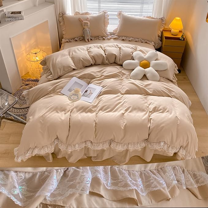 MOOWOO Chic Ruffle Lace Polyester Duvet Cover Set -Girl Black Bedding-3 Piece Queen Duvet Cover with Zipper Closure -Ultra Soft and Light Weight(Champagne, Queen)