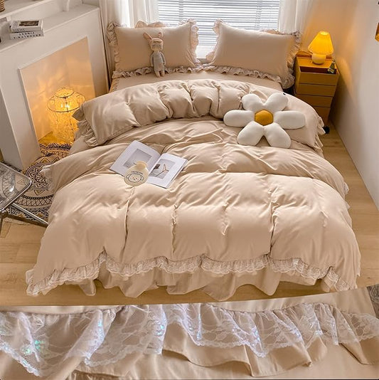 MOOWOO Chic Ruffle Lace Polyester Duvet Cover Set -Girl Black Bedding-3 Piece Queen Duvet Cover with Zipper Closure -Ultra Soft and Light Weight(Champagne, Queen)