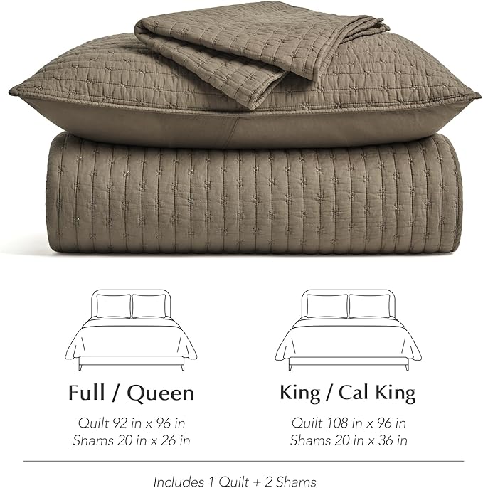 EVERGRACE Cross Stitch Pre-Washed Cotton Quilt Bedding Set Queen Size, Oversized 3 Pieces Lightweight Bedspread Coverlet for All Season, with 2 Matching Shams, Mocha Brown, 92"x96"