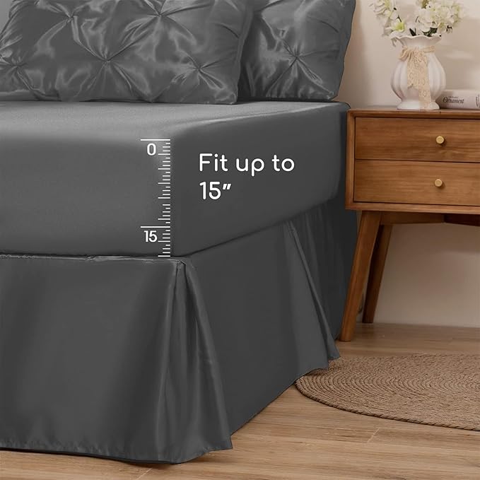 MR&HM Satin Comforter Set Oversized Queen, 7 Piece Bed in a Bag, Silky Soft All Season Bed Set, Luxury Pinch Pleat Bedding Set with Comforter, Sheets, Pillowcases & Shams, Dark Grey