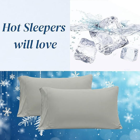 Beckham Hotel Collection Cooling Pillowcases for Hot Sleepers, King Size Set of 2, Cool Bedding, Envelope Closure, Silky Soft, Breathable, Moisture-Wicking, Aqua Gray