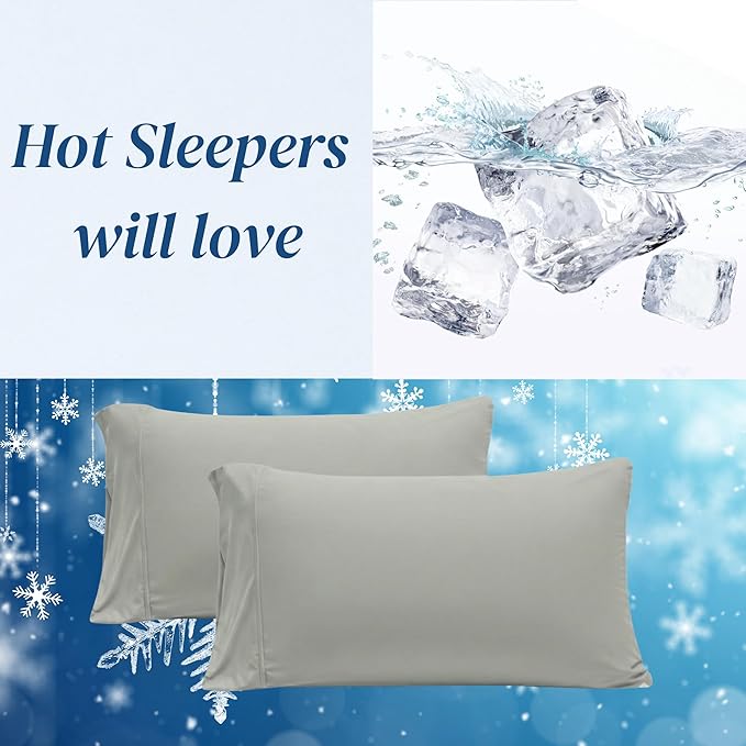 Cooling Pillowcases for Hot Sleepers, Queen Size, Silky Soft, Aqua Gray (4 Pieces)