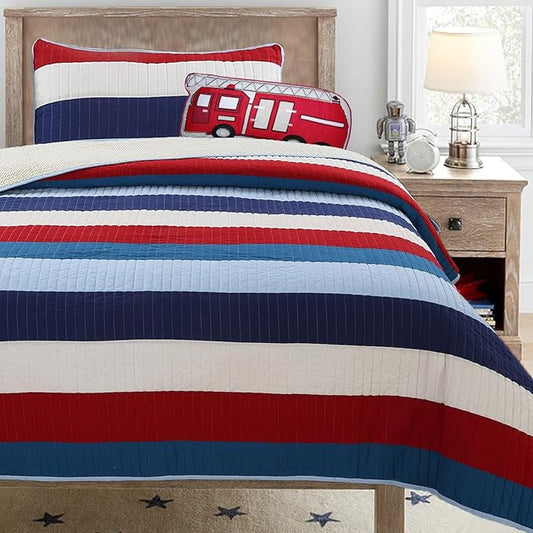 Cozy Line Home Fashions Aaron Bedding Quilt Set, Nautical Navy Blue Red Off-White Striped 100% Cotton Reversible Coverlet Bedspread Bedding Set (National Stripe, Twin - 2 Piece)