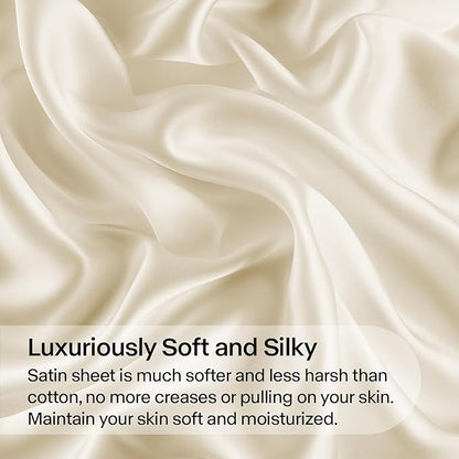 BEDELITE Satin Sheets Full Size Bed Set, Luxury Soft Beige Silky Sheet for Hair and Skin, Similar to Silk Bed Sheets Set 4 Pieces with 1 Deep Pocket Fitted Sheet, 1 Flat Sheet, and 2 Pillowcases