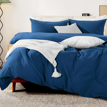 NEXHOME PRO Duvet Cover Set 100% Washed Cotton Full Size Linen Feel Textured Organic Natural 3 Pieces Bedding Set with Zipper Closure and Corner Ties, Breathable and Soft (Blue, No Comforter)