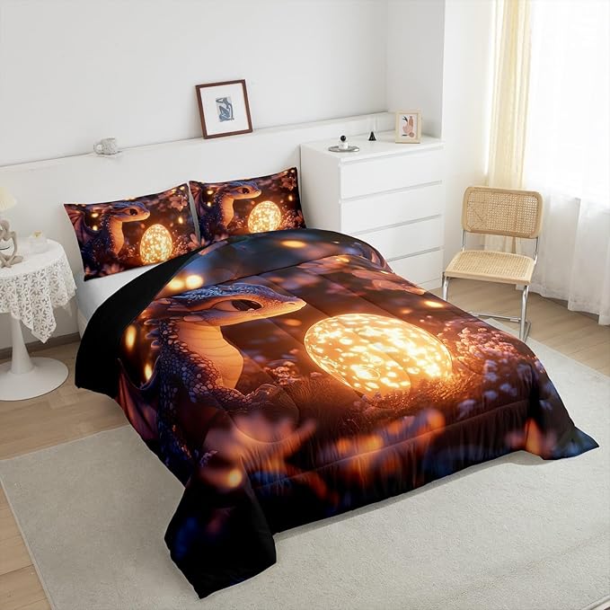 Cartoon Dragon Twin Size Comforter Set,Cute Dragon Egg Quilt Set Soft Bed Collection,Mysterious Wild Animals Bedding Comforter for Boys Girls Room Decor,2 Pcs