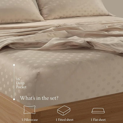 Threadmill Cotton Twin XL Sheet Set | 100% Cotton Sheets for Twin XL Size Bed | Damask Jacquard Sateen Twin XL Bed Sheets Set with 16” Deep Pocket | Soft Breathable 3-Piece Cooling Sheet Set | Beige
