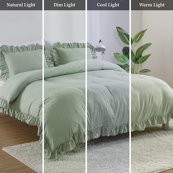 Sage Green Ruffled Duvet Cover Twin, 2PCS Soft Washed Microfiber Vintage French Country Duvet Cover Set for Kids Girls, Sage Green, 68x90 in