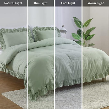 Sage Green Ruffled Duvet Cover Twin, 2PCS Soft Washed Microfiber Vintage French Country Duvet Cover Set for Kids Girls, Sage Green, 68x90 in