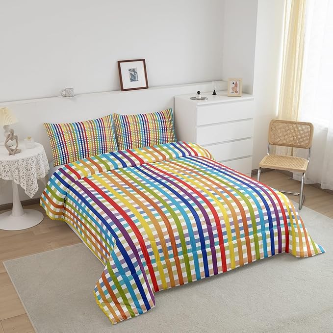Manfei Colorful Plaid Bedding Set King Size Buffalo Check Plaid Comforter Classic Gingham Pattern Comforter Set Cartoon Stripes Geometric Duvet Set 3Pcs Quilt Set 1 Comforter Set with 2 Pillowcase