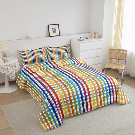Manfei Colorful Plaid Bedding Set Full Size Buffalo Check Plaid Comforter Classic Gingham Pattern Comforter Set Cartoon Stripes Geometric Duvet Set 3Pcs Quilt Set 1 Comforter Set with 2 Pillowcase