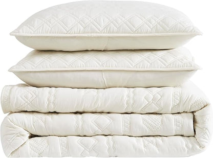 WDCOZY Boho Ivory Quilt King Size Bedding Sets with 2 Pillow Shams, Cream White Farmhouse Lightweight Soft Bedspread Coverlet for All Season, 3 Pieces, 104x90 inches