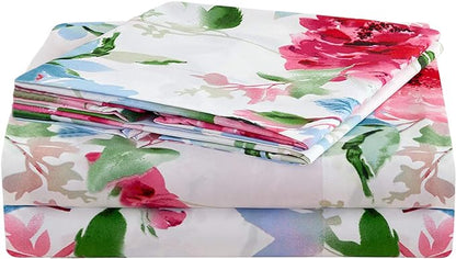 JSD Watercolor Rose Floral Sheet Set Queen Size, 4 Piece Soft Printed Microfiber Sheets Extra Deep Pocket