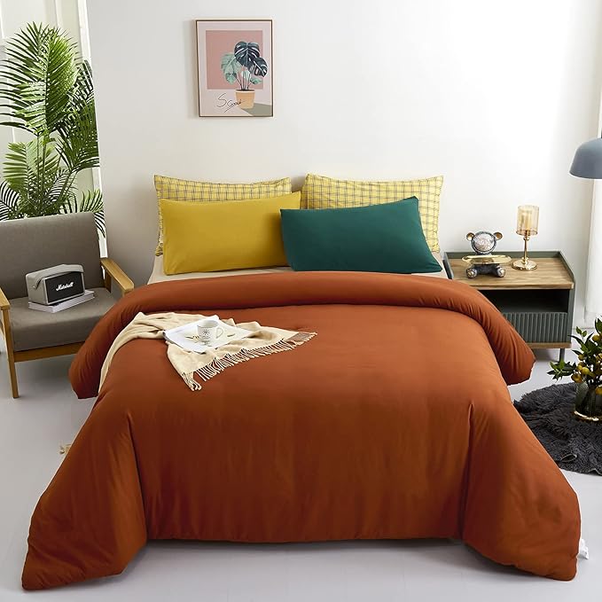Luxlovery Burnt Orange Comforter Set Queen Rust Bedding Comforter Set Full Caramel Cozy Blanket Quilts Solid Color Reddish Brown 3 Piece Comforter Set for Women Men