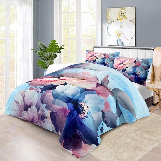 Pink Floral Comforter Set Queen Size Girls Blue Flower Comforter Comen Western Boho Bedding Set Queen Blue Floral Bedding Boho Bedroom Decor Teen Girls