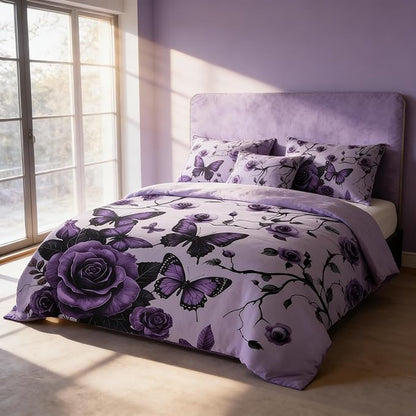 Vintage Floral Comforter Set Queen Size, Purple Floral Bedding Set for Gothic Bedroom Decor, 3 Pieces Soft Microfiber Lightweight Comforter Set with 2 Pillowcases, 90"x90"