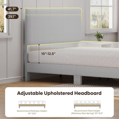 Bestier Queen Bed Frame with Headboard LED Lighting,Upholstered,Light Grey | LED Lighting Headboard,Easy Assembly,No Squeaks,Vertical Channel Corduroy Upholstered,Wood Slats Support,No Box Spring Needed