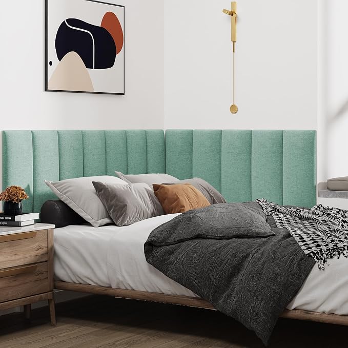 IFNOW Wall Mounted Headboard, Peel and Stick Panels, Grass Green, Queen | 3D Soundproof Acoustic Padding, Reusable and Removable Tufted fabric Bed Headboard for bedroom (9 Panels, 10" x 24")